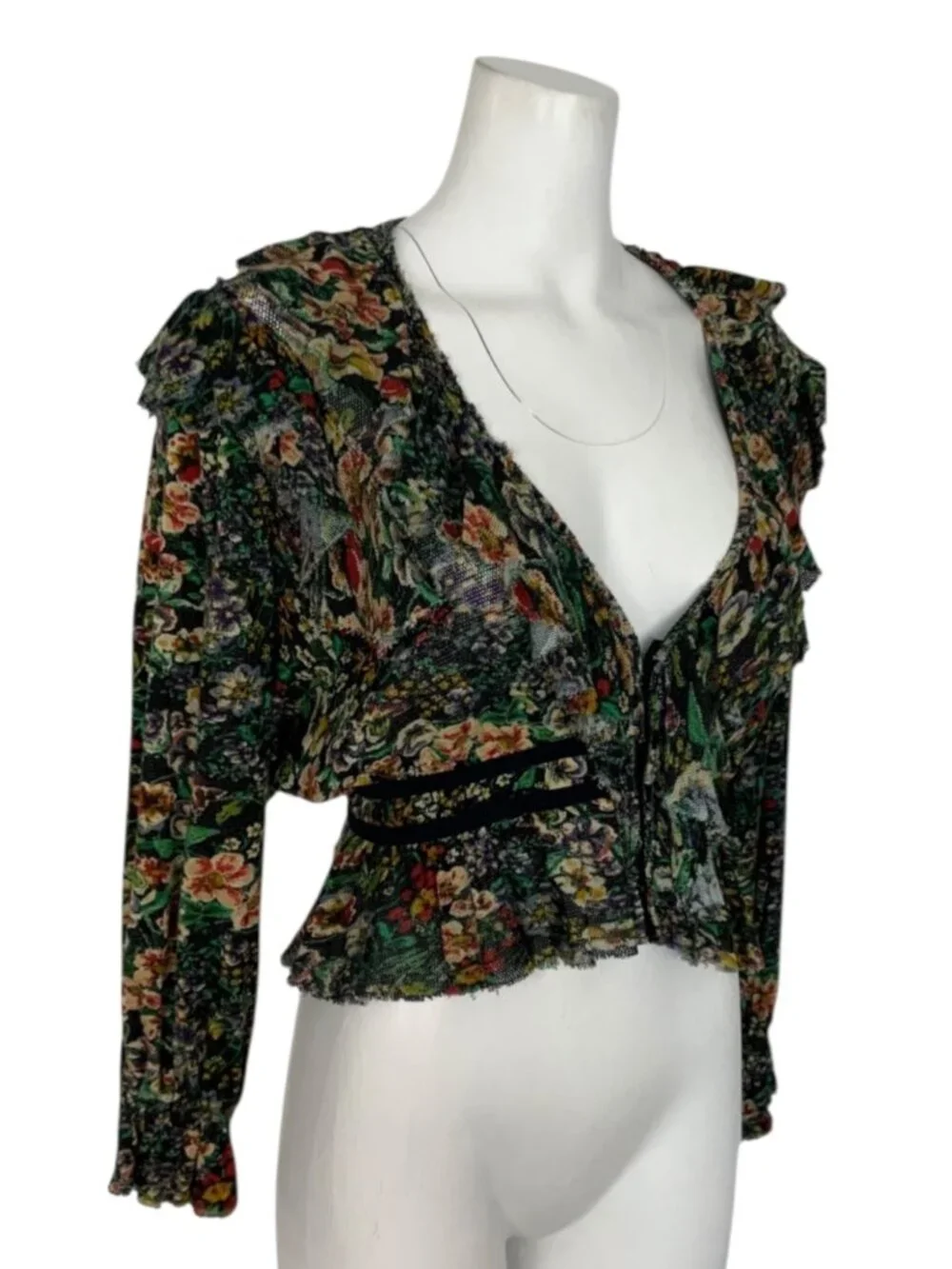 Free People Rudi Ruffle Top Blouse M Night Garden Floral Cropped